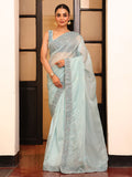 Blue Embroidered Border Tissue Saree With Blouse Piece