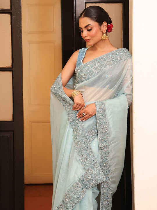 Blue Embroidered Border Tissue Saree With Blouse Piece