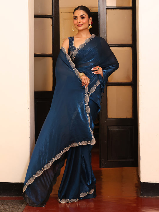 Teal Embellished Border Tissue Saree