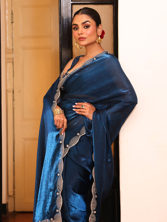 Teal Embellished Border Tissue Saree