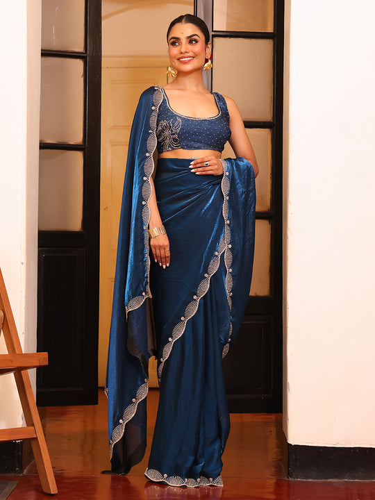 Teal Embellished Border Tissue Saree