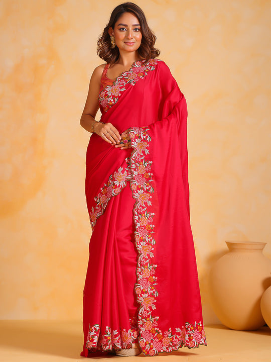 Red Tussar silk Saree With Blouse Piece