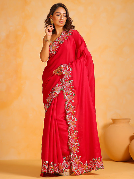 Red Tussar silk Saree With Blouse Piece