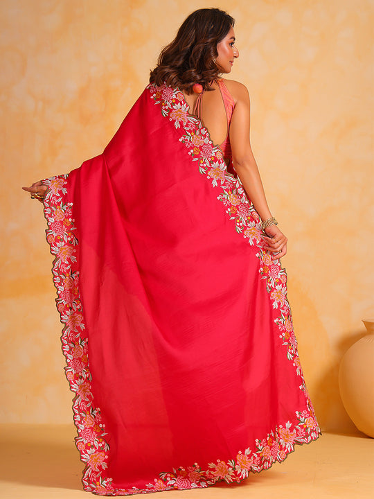 Red Tussar silk Saree With Blouse Piece