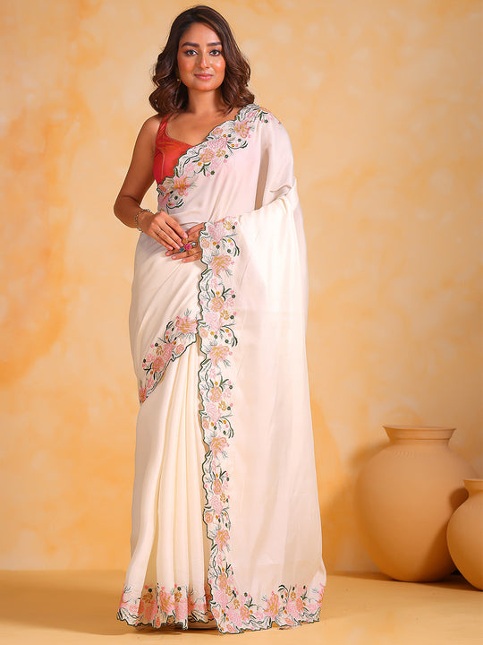 White Tussar silk Saree With Blouse Piece