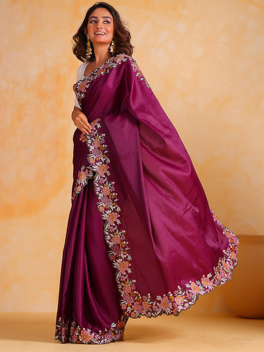 Purple Tussar silk Saree With Blouse Piece