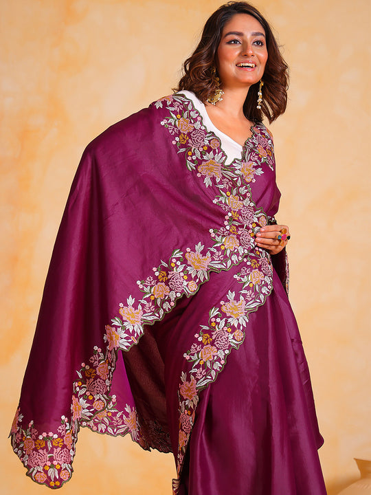 Purple Tussar silk Saree With Blouse Piece