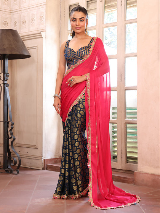 Pink Embellished Sequinned Viscose Saree With Blouse Piece