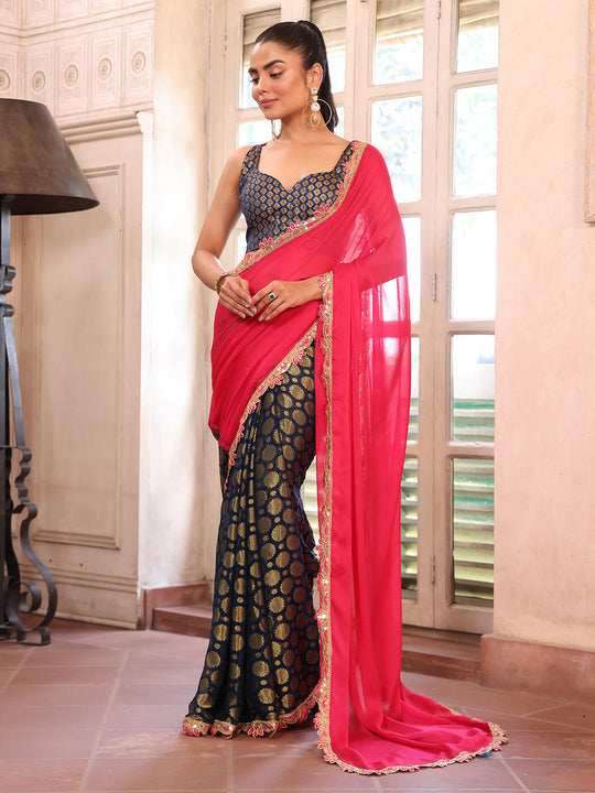 Pink Embellished Sequinned Viscose Saree With Blouse Piece