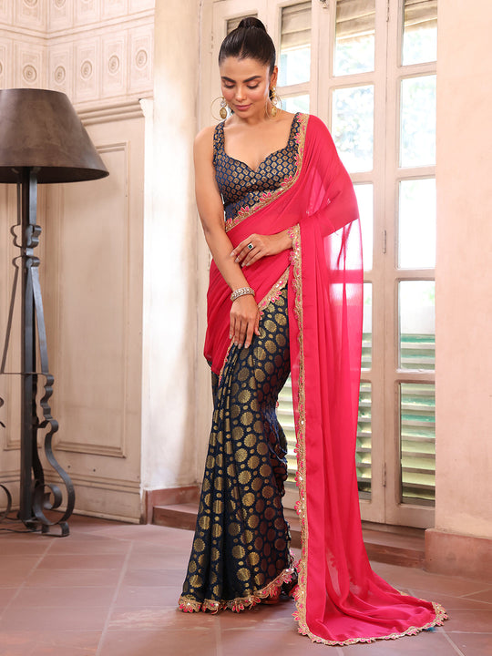 Pink Embellished Sequinned Viscose Saree With Blouse Piece