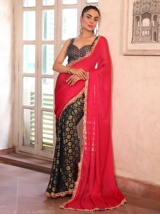 Pink Embellished Sequinned Viscose Saree With Blouse Piece