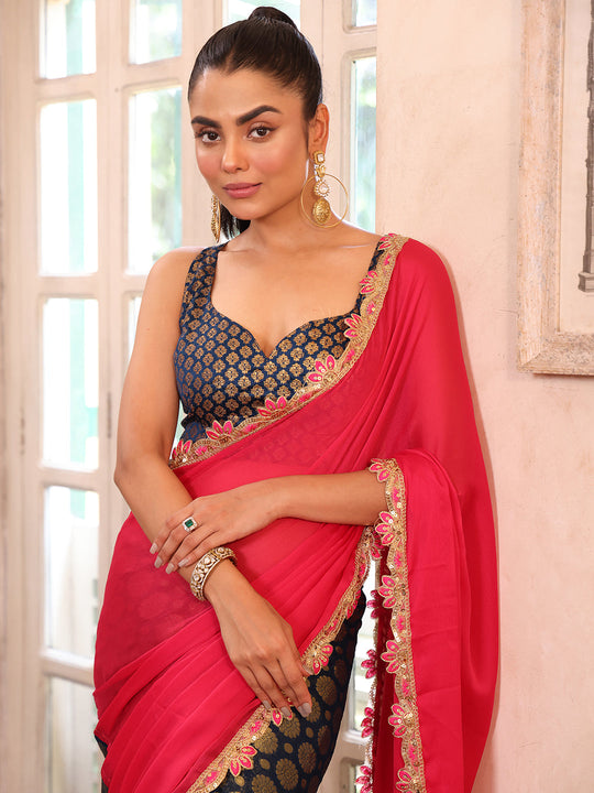 Pink Embellished Sequinned Viscose Saree With Blouse Piece