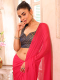 Pink Embellished Solid Chiffon Saree With Blouse Piece