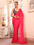 Pink Embellished Solid Chiffon Saree With Blouse Piece