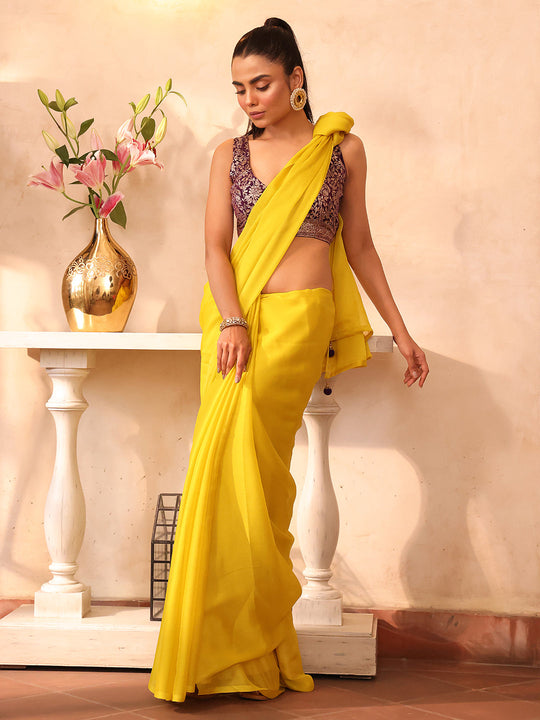 Yellow Embellished Solid Chiffon Saree With Blouse Piece