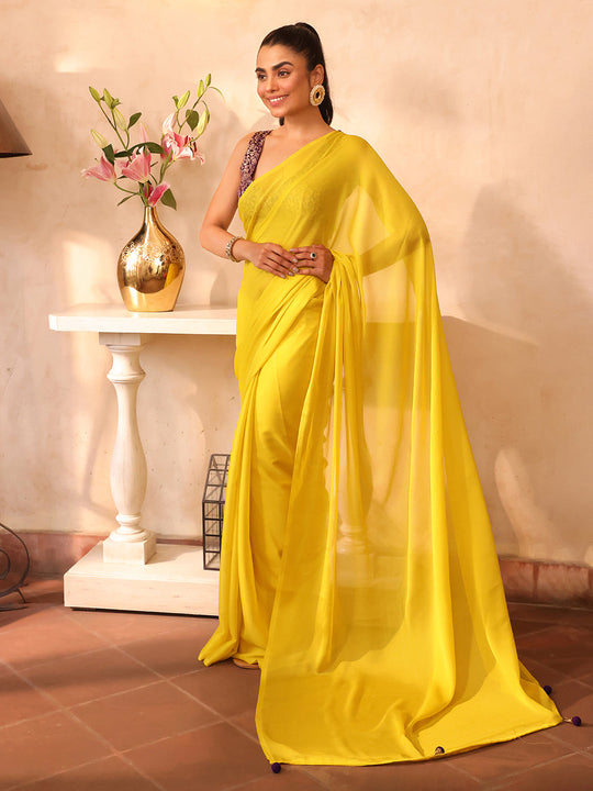 Yellow Embellished Solid Chiffon Saree With Blouse Piece