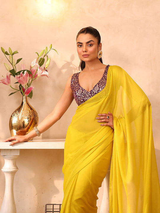 Yellow Embellished Solid Chiffon Saree With Blouse Piece