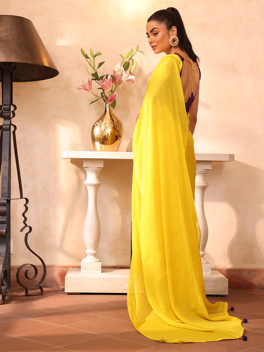 Yellow Embellished Solid Chiffon Saree With Blouse Piece