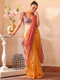 Gold Embellished Sequinned Organza Saree With Blouse Piece