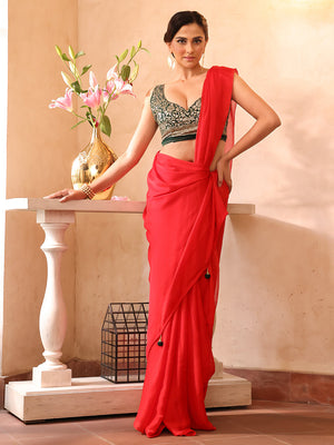 Red Embellished Sequinned Chiffon Saree With Blouse Piece