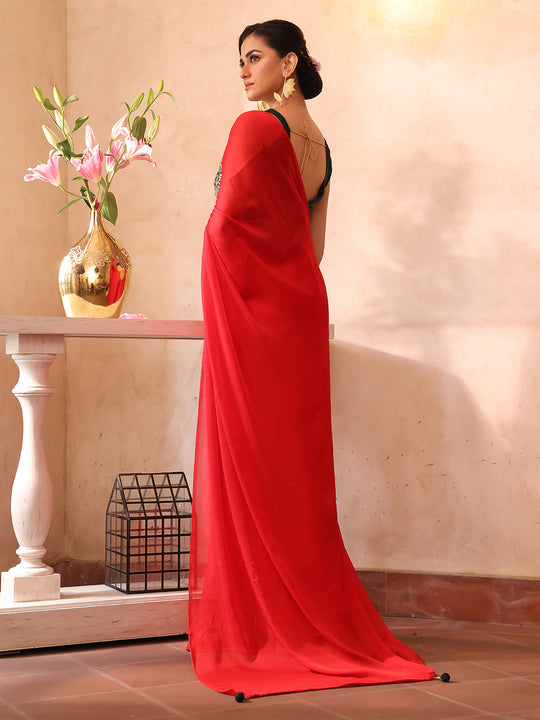 Red Embellished Sequinned Chiffon Saree With Blouse Piece