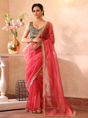 Pink Embellished Sequinned Organza Saree With Blouse Piece