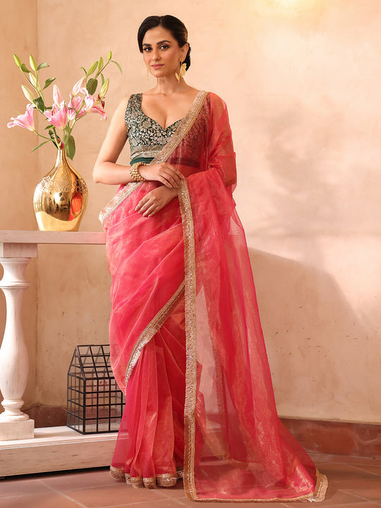 Pink Embellished Sequinned Organza Saree With Blouse Piece