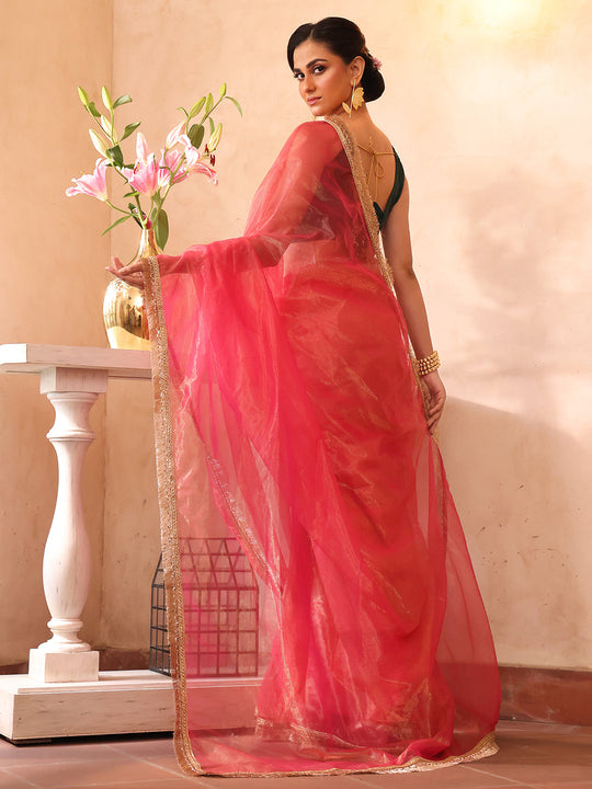 Pink Embellished Sequinned Organza Saree With Blouse Piece