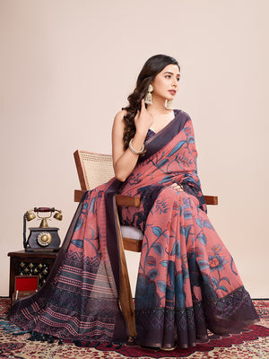 Light Pink Linen Blend Saree With Blouse Piece