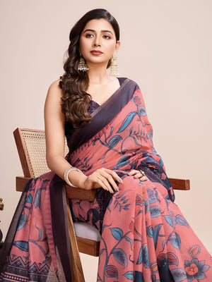 Light Pink Linen Blend Saree With Blouse Piece