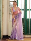 Lavender And Peach Ombre Embellished Sequinned Lace Pure Chiffon Saree  With Unstitched Blouse