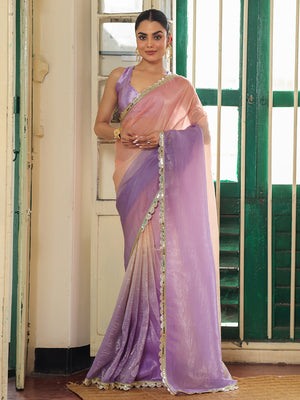 Lavender And Peach Ombre Embellished Sequinned Lace Pure Chiffon Saree  With Unstitched Blouse