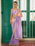 Lavender And Peach Ombre Embellished Sequinned Lace Pure Chiffon Saree  With Unstitched Blouse