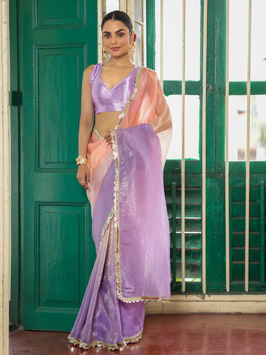 Lavender And Peach Ombre Embellished Sequinned Lace Pure Chiffon Saree  With Unstitched Blouse