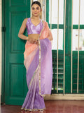Lavender And Peach Ombre Embellished Sequinned Lace Pure Chiffon Saree  With Unstitched Blouse