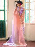 Lavender And Peach Ombre Embellished Sequinned Lace Pure Chiffon Saree  With Unstitched Blouse
