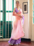 Lavender And Peach Ombre Embellished Sequinned Lace Pure Chiffon Saree  With Unstitched Blouse