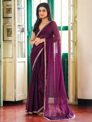 Wine Embellished Beads And Stones Organza Saree With Embellished Border