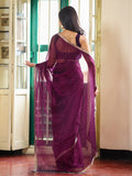 Wine Embellished Beads And Stones Organza Saree With Embellished Border