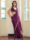 Wine Embellished Beads And Stones Organza Saree With Embellished Border
