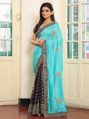 Blue And Black Embroidered Zari Heavy Work Saree
