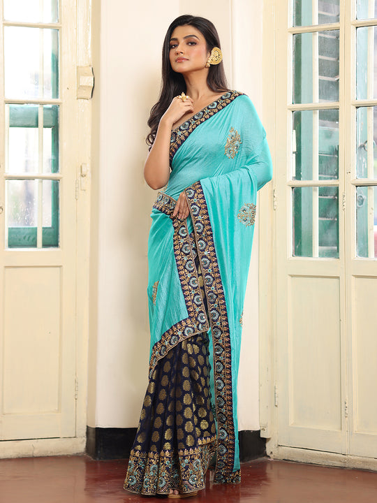 Blue And Black Embroidered Zari Heavy Work Saree