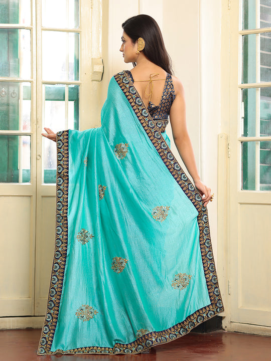 Blue And Black Embroidered Zari Heavy Work Saree