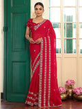 Red Embellished Embroidered Zari Satin Heavy Work Saree