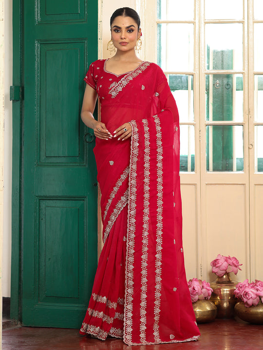 Red Embellished Embroidered Zari Satin Heavy Work Saree