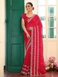Red Embellished Embroidered Zari Satin Heavy Work Saree