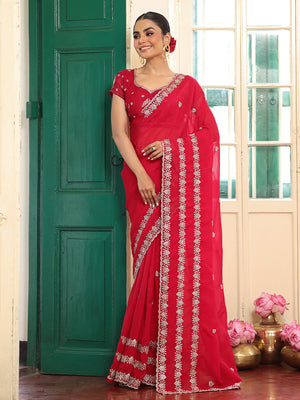 Red Embellished Embroidered Zari Satin Heavy Work Saree