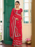 Red Embellished Embroidered Zari Satin Heavy Work Saree