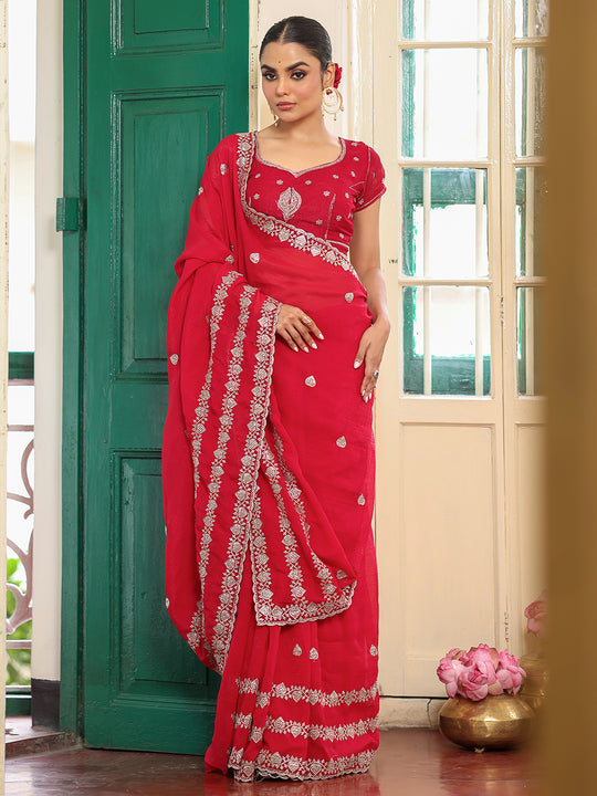 Red Embellished Embroidered Zari Satin Heavy Work Saree