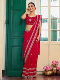 Red Embellished Embroidered Zari Satin Heavy Work Saree